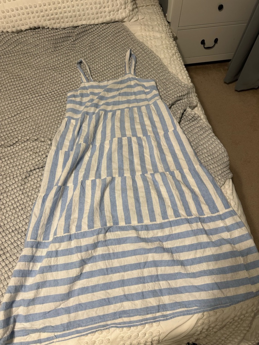 Striped Blue & White Midi Sundress with Spaghetti Straps